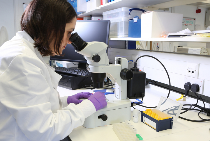 Photo shows a scientist dissecting a breast tumor sample on a glass slide/Getty Images