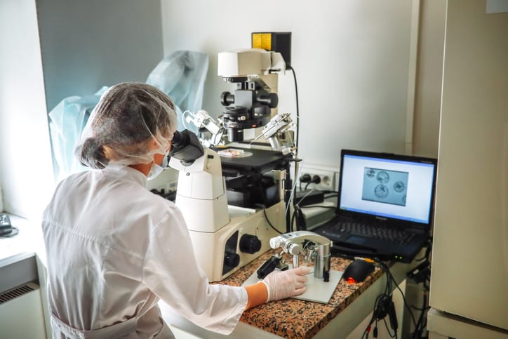 Photo shows a reproductive specialist examining embryos through a microscope/Getty Images